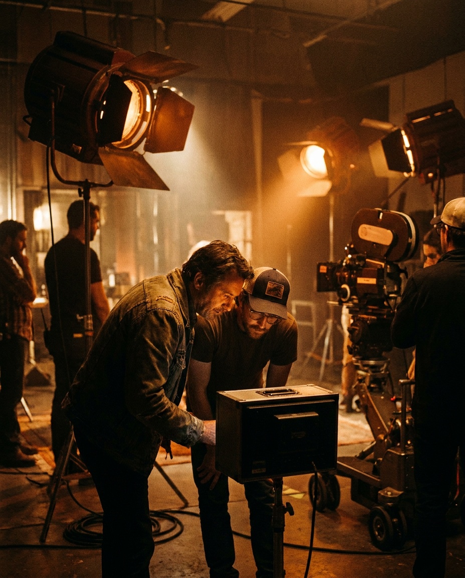 A director and cinematographer huddled at a glowing camera monitor on a dark film set