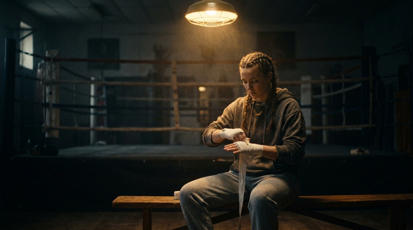 A young boxer alone in an old gym at night, wrapping her hands under a single light