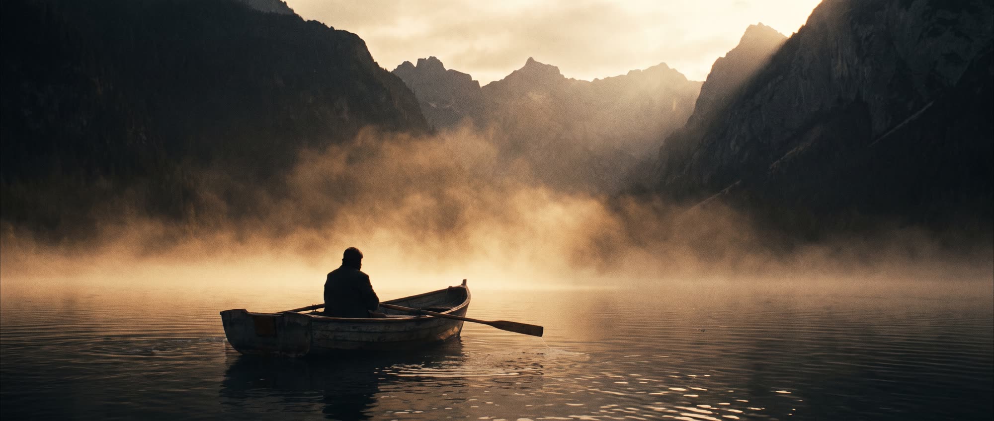 A lone fisherman on a mist-covered lake at first light, golden sun breaking through fog