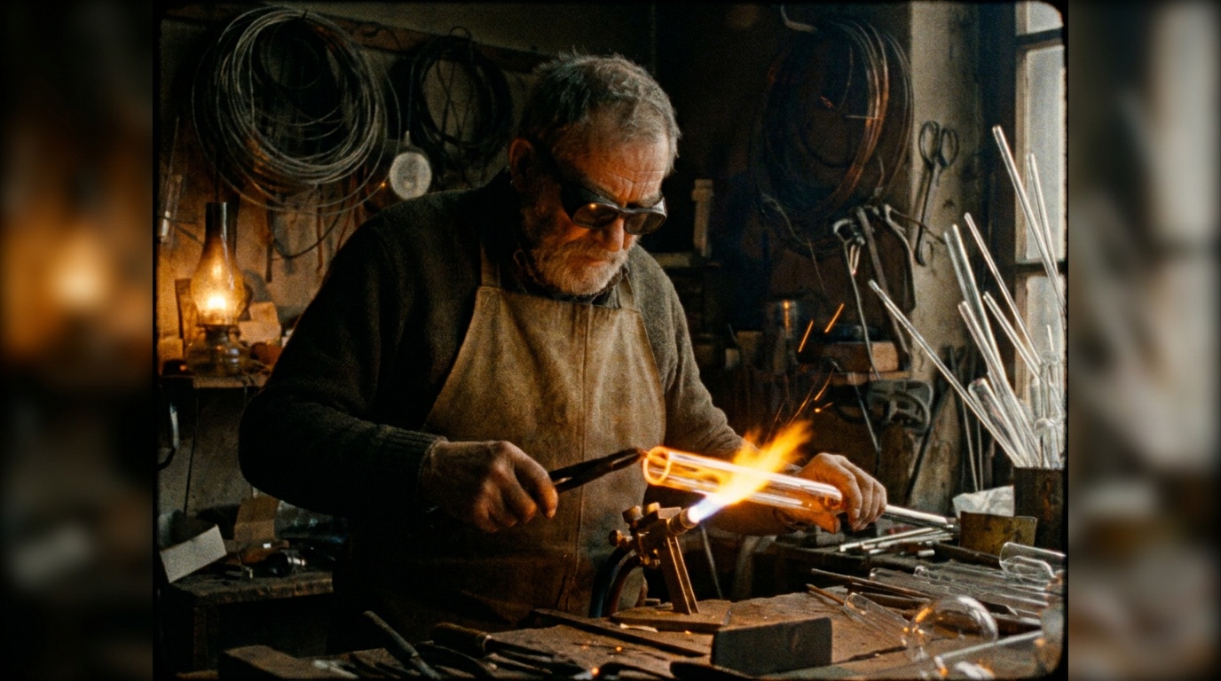 An elderly neon-sign maker bending glowing glass tubing in a dark workshop