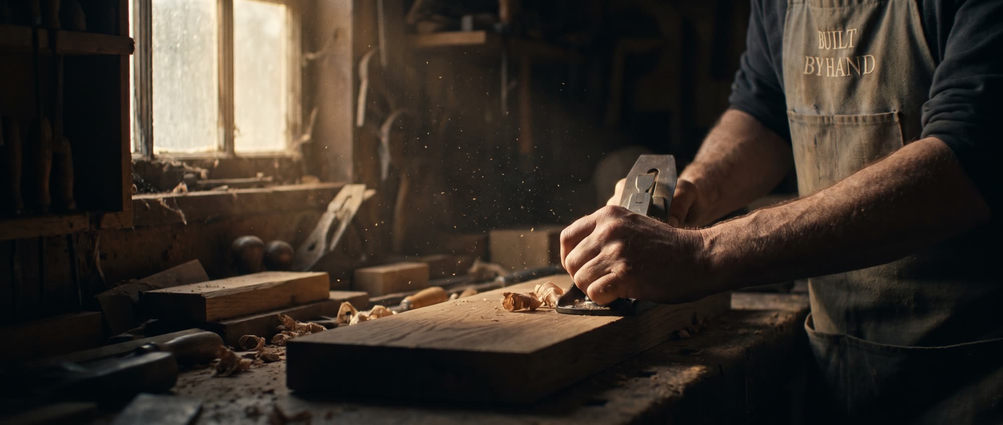 Weathered hands of a craftsman planing oak in a shaft of warm workshop light