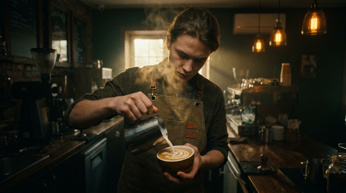 A barista pouring latte art in a moody, amber-lit coffee bar