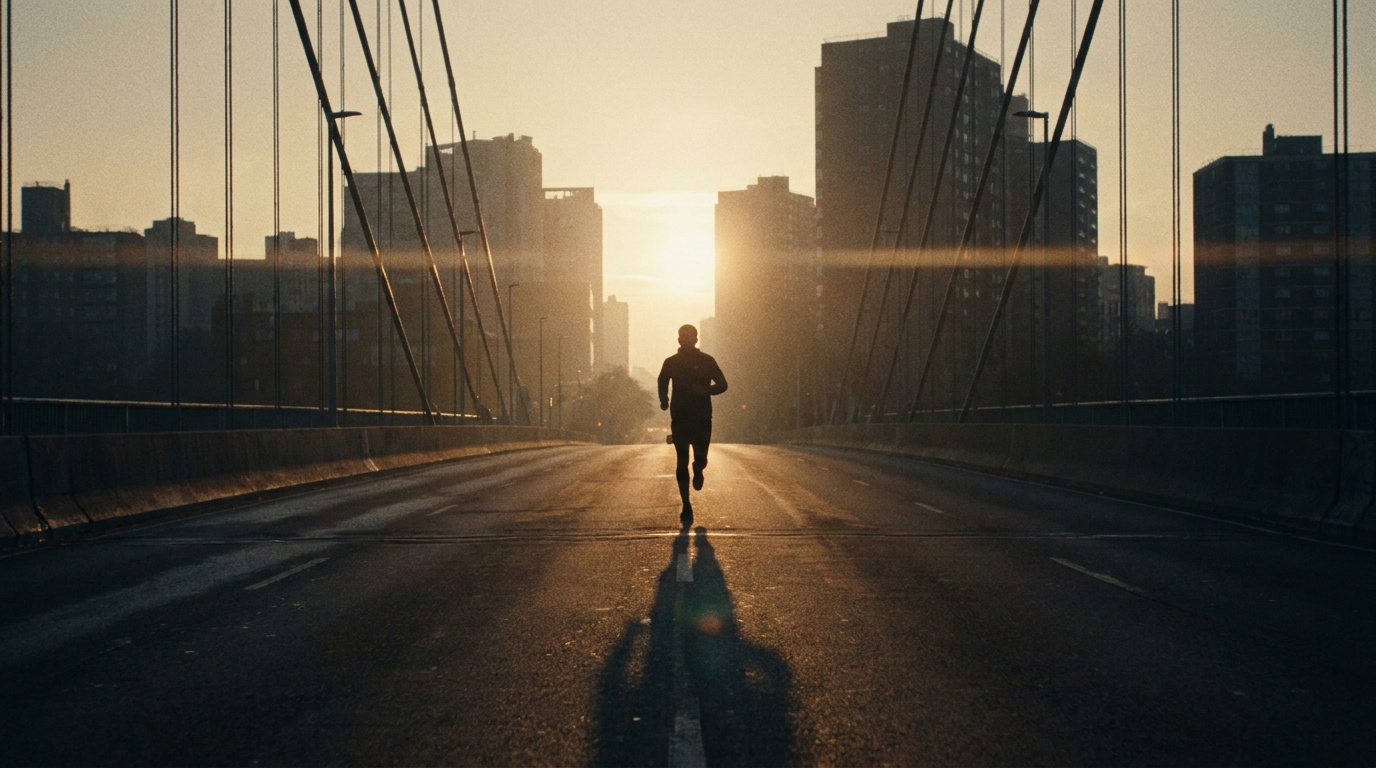 A lone runner crossing an empty city bridge at golden dawn