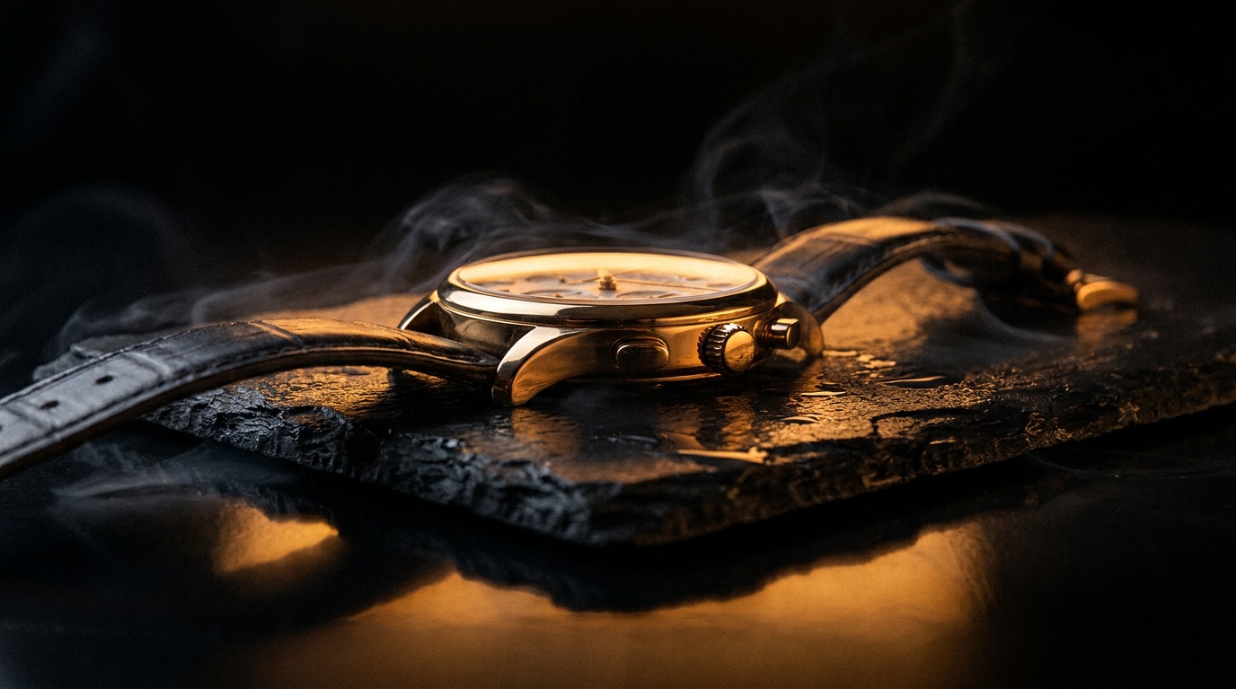 A luxury wristwatch on wet black slate, carved out of darkness by golden rim light