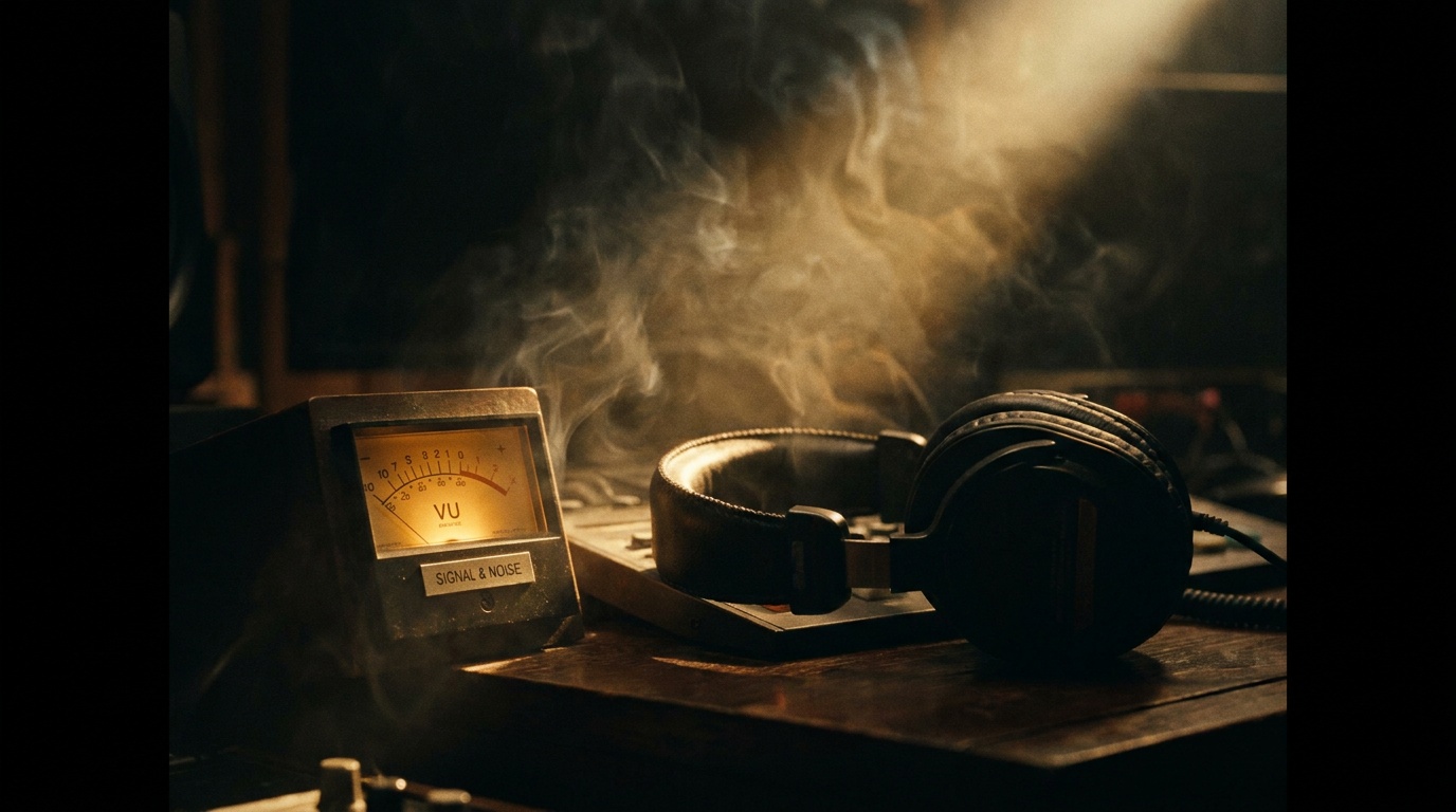 Premium headphones beside a glowing analog VU meter in a beam of golden light