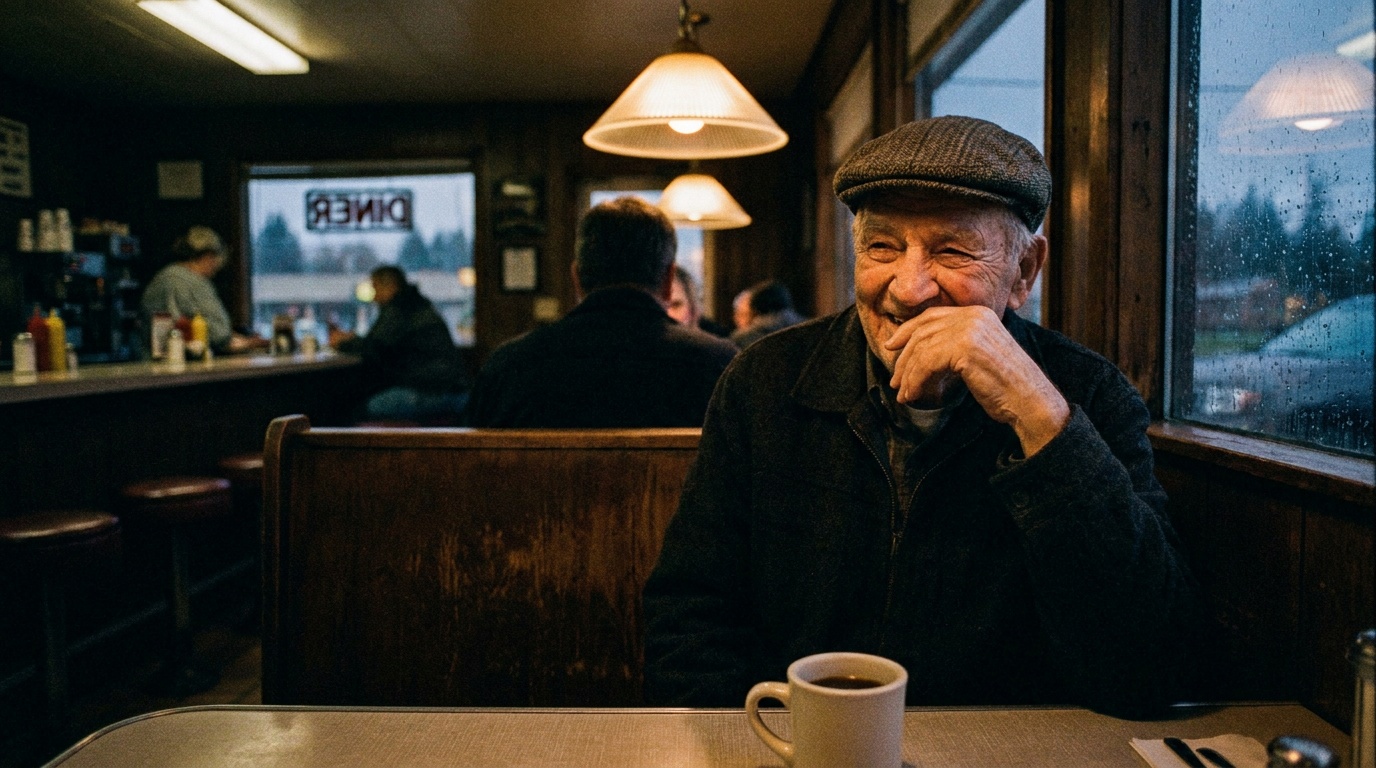 An elderly man laughing softly in a vintage diner booth at dusk